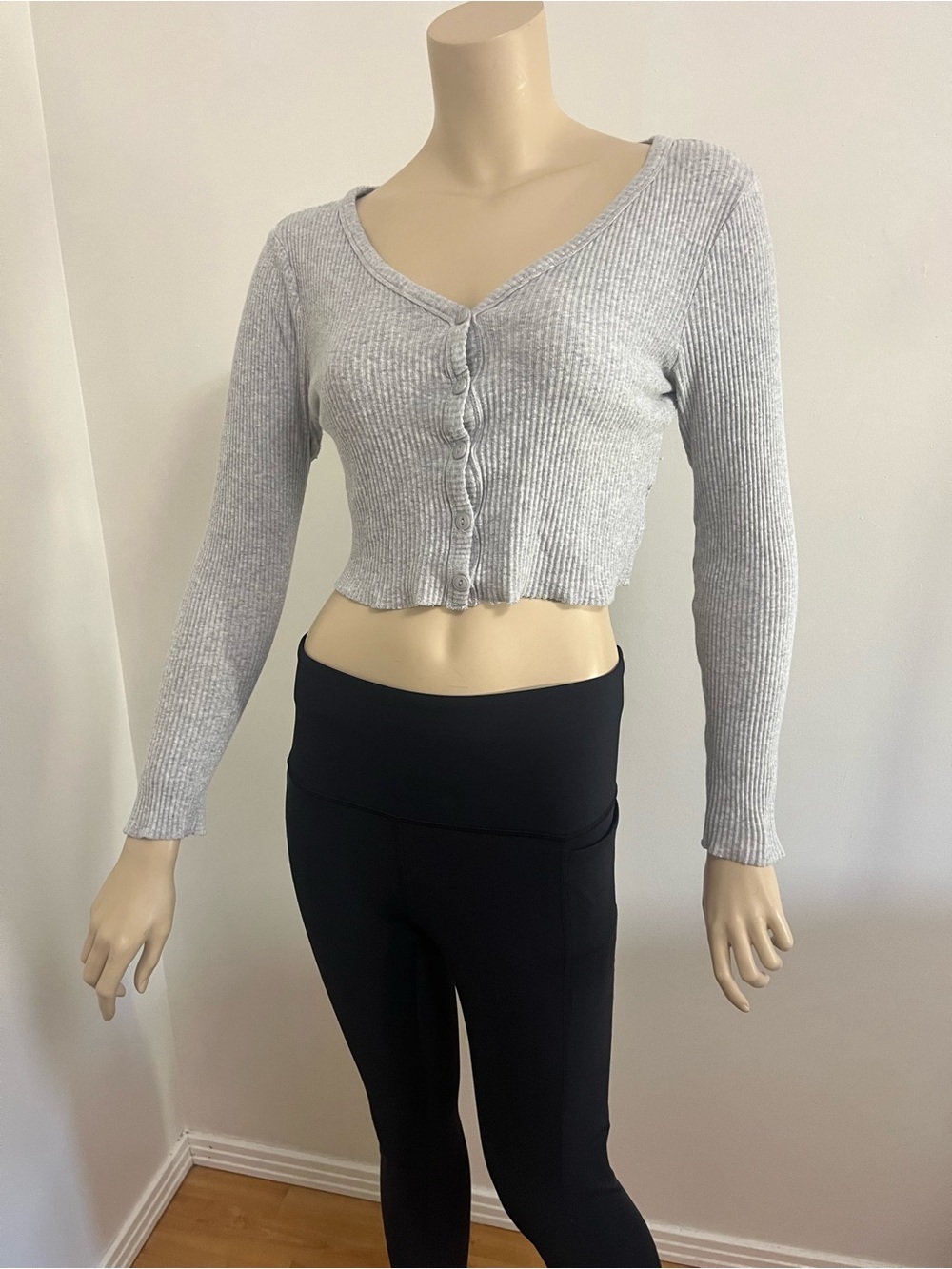 Urban Outfitters Light Gray Ribbed Cropped Button Top